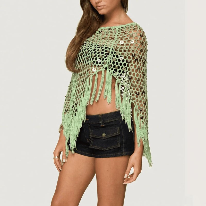 Argeousgor Women Sheer Poncho Top Lightweight Knit Crochet Shrug Bolero Mesh Batwing Sleeve Sweater Cover Up Beachwear - Image 3